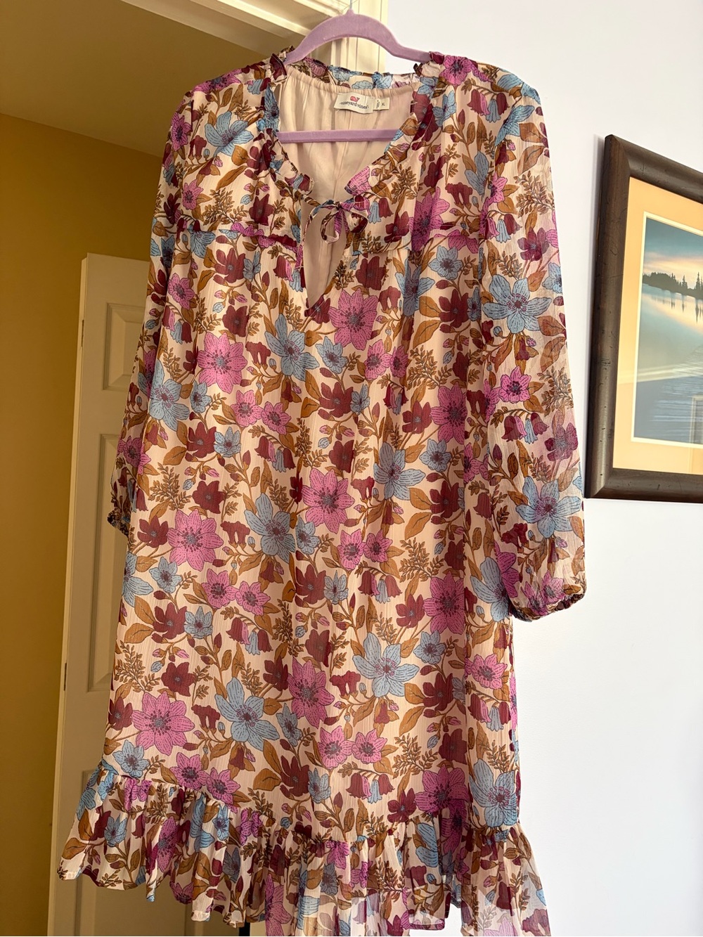 Floral Ruffle Hem Women's Dress - Pink, Blue & Brown